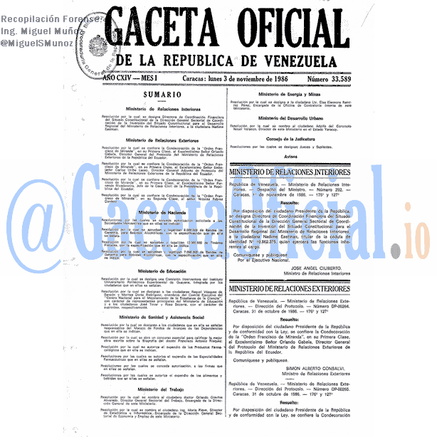 Gaceta Oficial 33589 del 3 Noviembre 1986