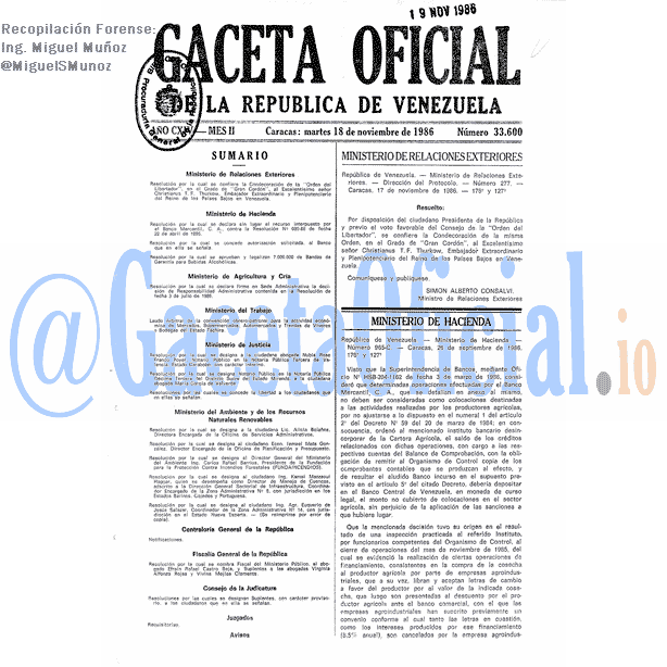 Gaceta Oficial 33600 del 18 Noviembre 1986