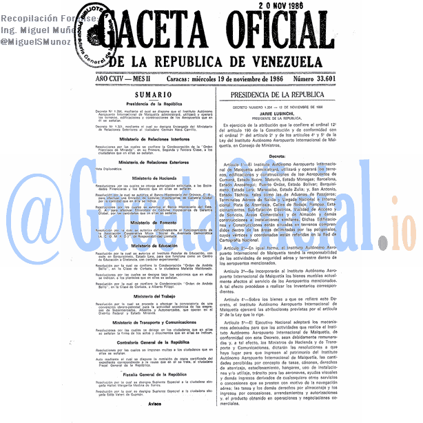 Gaceta Oficial 33601 del 19 Noviembre 1986