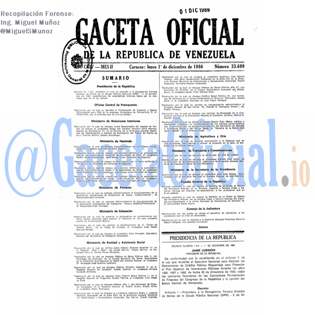 Gaceta Oficial 33609 del 1 Diciembre 1986
