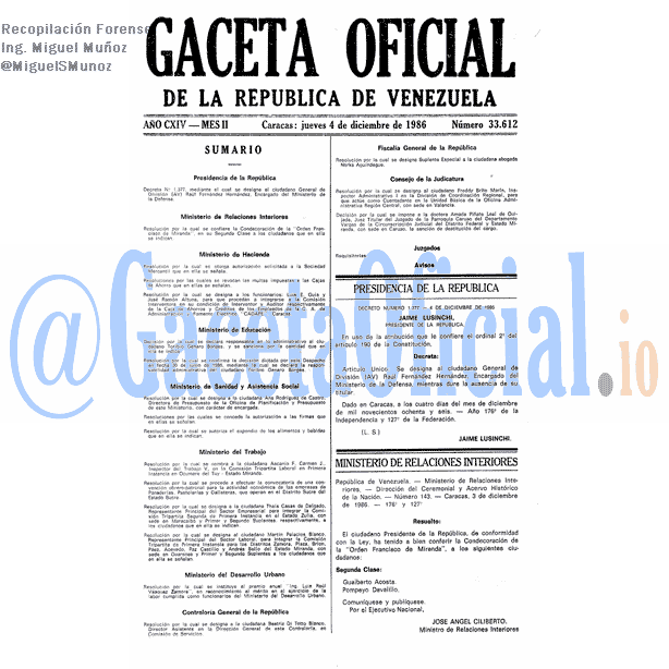 Gaceta Oficial 33612 del 4 Diciembre 1986
