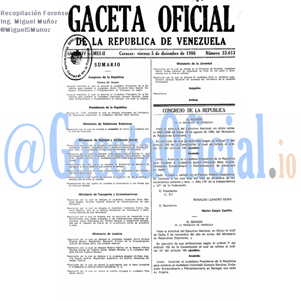 Gaceta Oficial 33613 del 5 Diciembre 1986