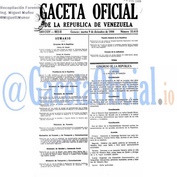 Gaceta Oficial 33615 del 9 Diciembre 1986