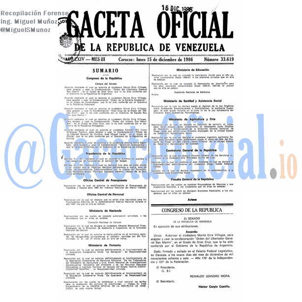 Gaceta Oficial 33619 del 15 Diciembre 1986