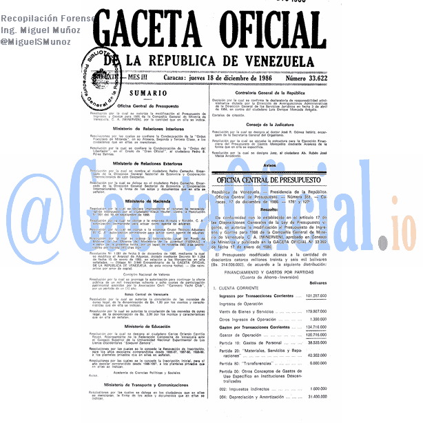 Gaceta Oficial 33622 del 18 Diciembre 1986