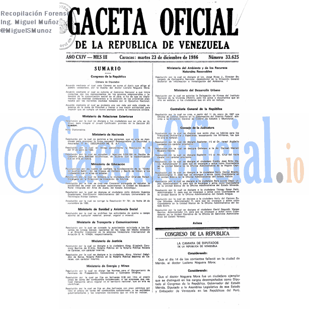 Gaceta Oficial 33625 del 23 Diciembre 1986