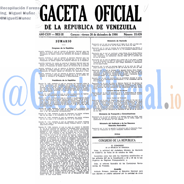 Gaceta Oficial 33626 del 26 Diciembre 1986