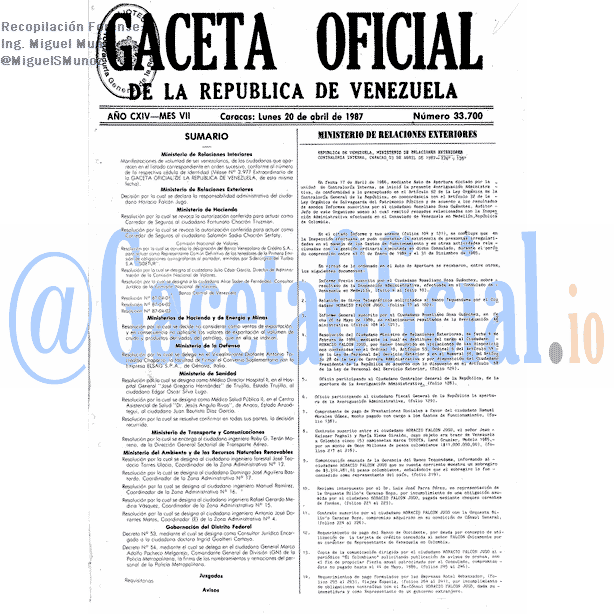 Gaceta Oficial 33700 del 20 Abril 1987