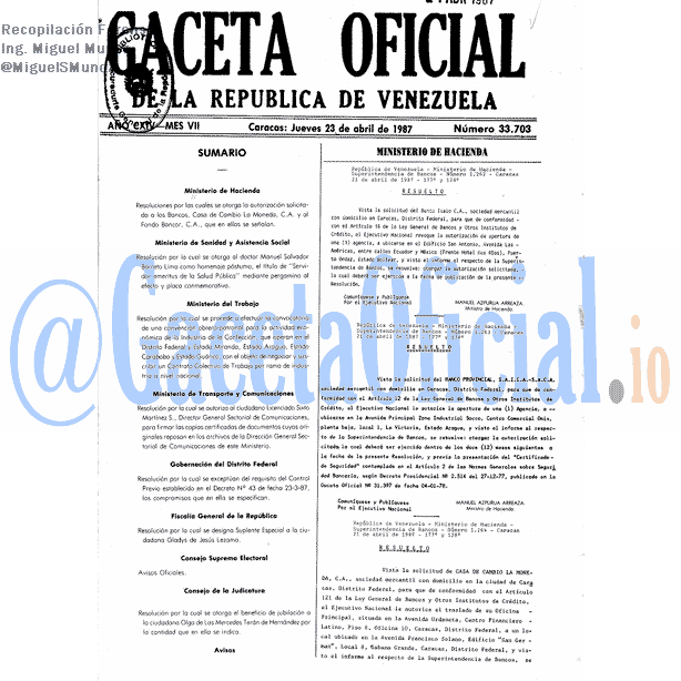 Gaceta Oficial 33703 del 23 Abril 1987