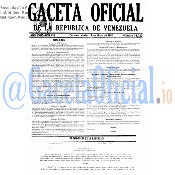 Gaceta Oficial 33720 del 19 Mayo 1987