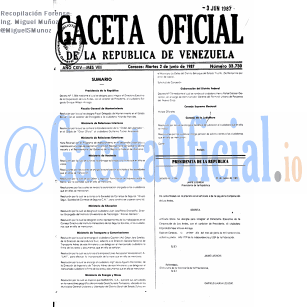 Gaceta Oficial 33730 del 2 Junio 1987
