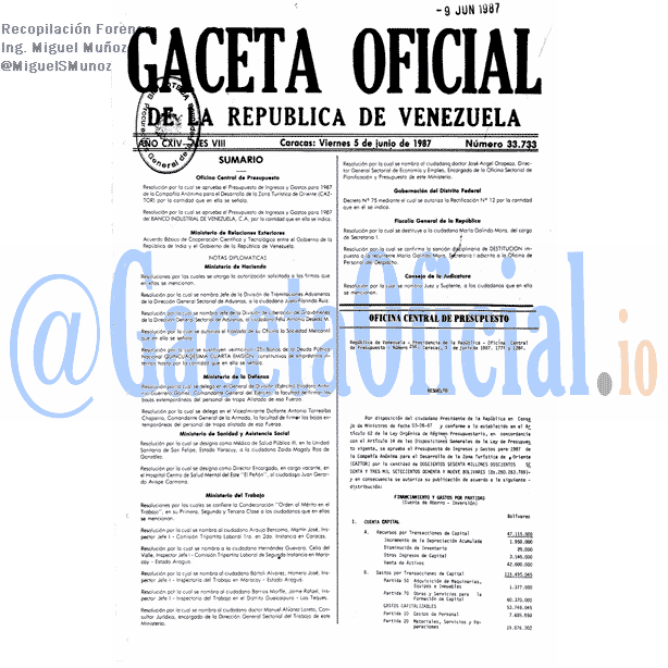 Gaceta Oficial 33733 del 5 Junio 1987