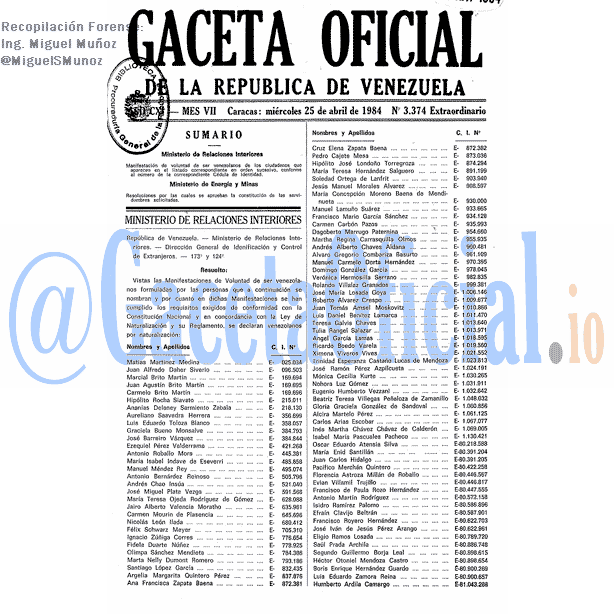 Gaceta Oficial 3374 del 25 Abril 1984
