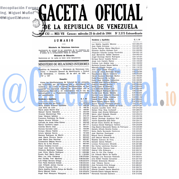 Gaceta Oficial 3375 del 25 Abril 1984
