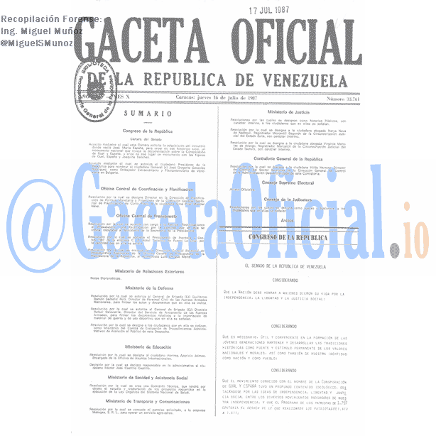Gaceta Oficial 33761 del 16 Julio 1987