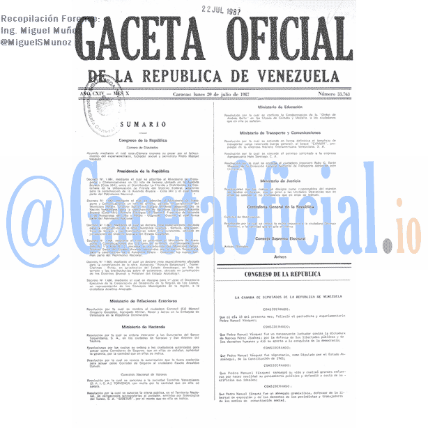 Gaceta Oficial 33763 del 20 Julio 1987