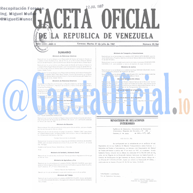 Gaceta Oficial 33764 del 21 Julio 1987
