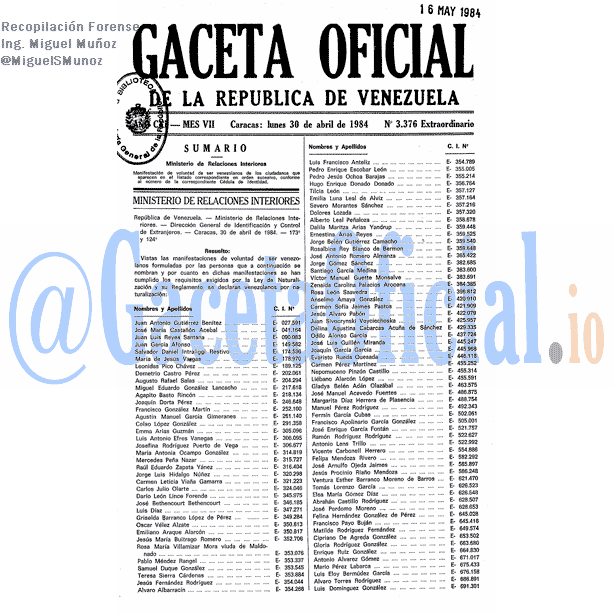 Gaceta Oficial 3376 del 30 Abril 1984