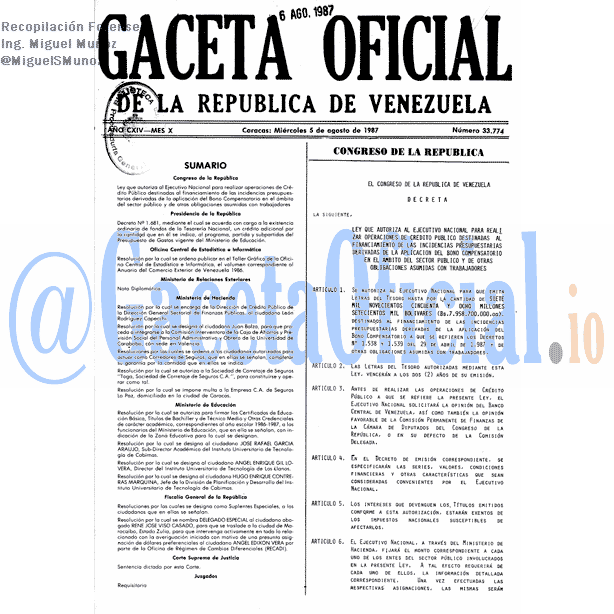 Gaceta Oficial 33774 del 5 Agosto 1987