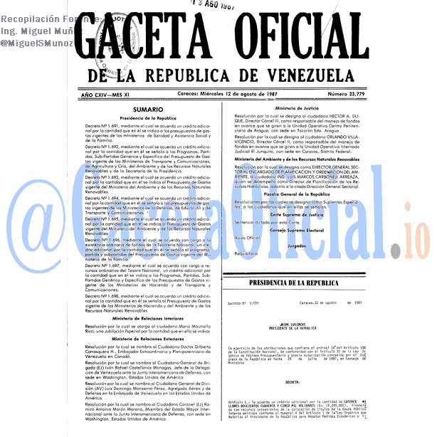 Gaceta Oficial 33779 del 12 Agosto 1987