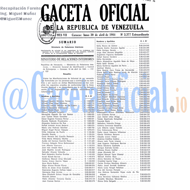 Gaceta Oficial 3377 del 30 Abril 1984