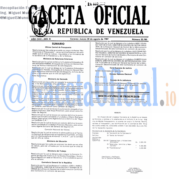 Gaceta Oficial 33785 del 20 Agosto 1987