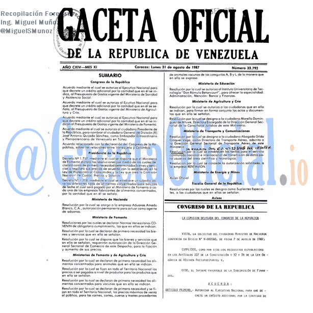 Gaceta Oficial 33792 del 31 Agosto 1987