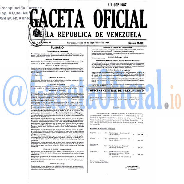 Gaceta Oficial 33800 del 10 Septiembre 1987