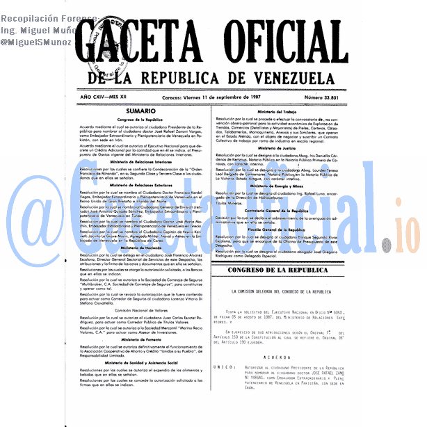 Gaceta Oficial 33801 del 11 Septiembre 1987