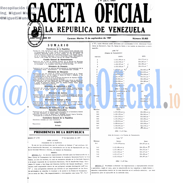 Gaceta Oficial 33803 del 15 Septiembre 1987