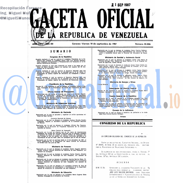 Gaceta Oficial 33806 del 18 Septiembre 1987