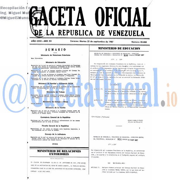 Gaceta Oficial 33808 del 22 Septiembre 1987
