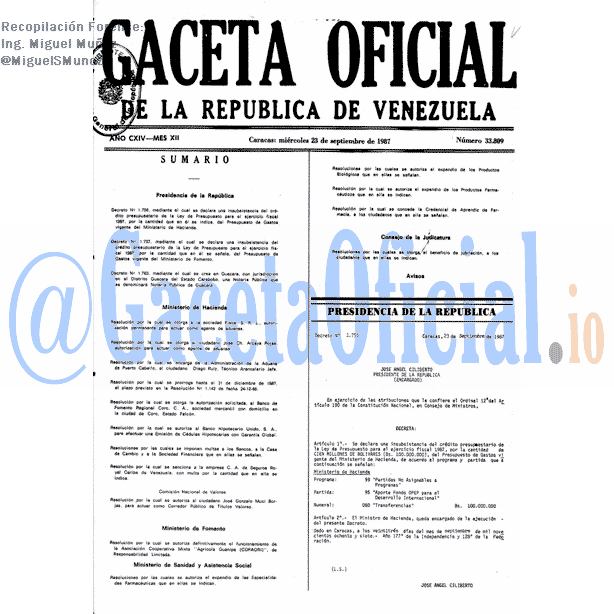Gaceta Oficial 33809 del 23 Septiembre 1987