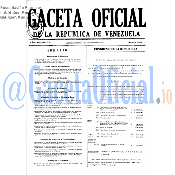 Gaceta Oficial 33811 del 25 Septiembre 1987