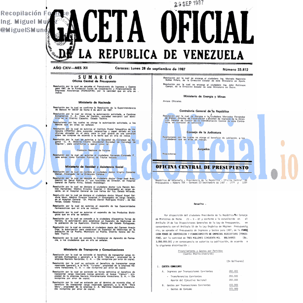 Gaceta Oficial 33812 del 28 Septiembre 1987
