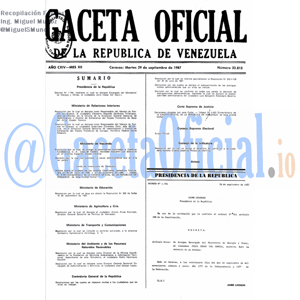 Gaceta Oficial 33813 del 29 Septiembre 1987
