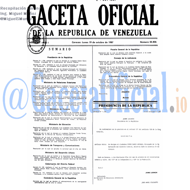 Gaceta Oficial 33826 del 19 Octubre 1987