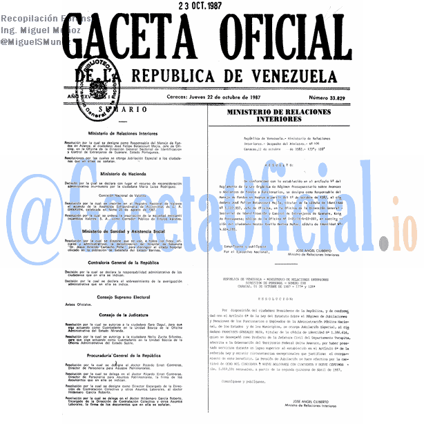 Gaceta Oficial 33829 del 22 Octubre 1987