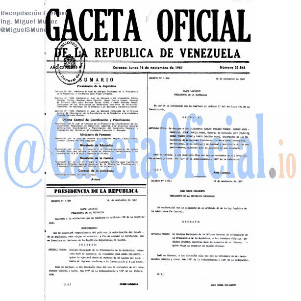 Gaceta Oficial 33846 del 16 Noviembre 1987