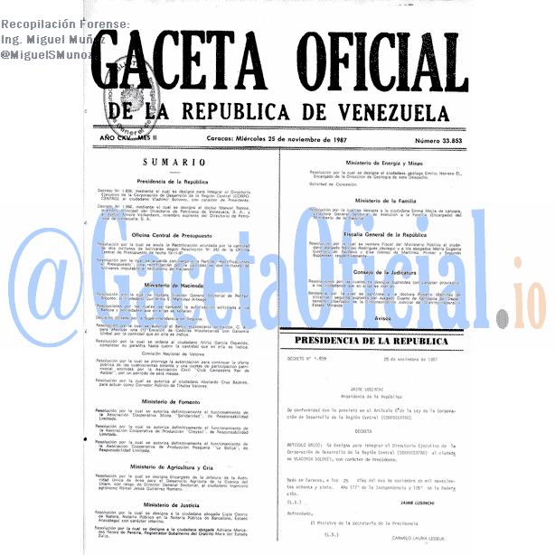 Gaceta Oficial 33853 del 25 Noviembre 1987