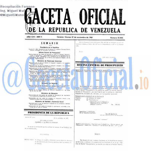 Gaceta Oficial 33855 del 27 Noviembre 1987