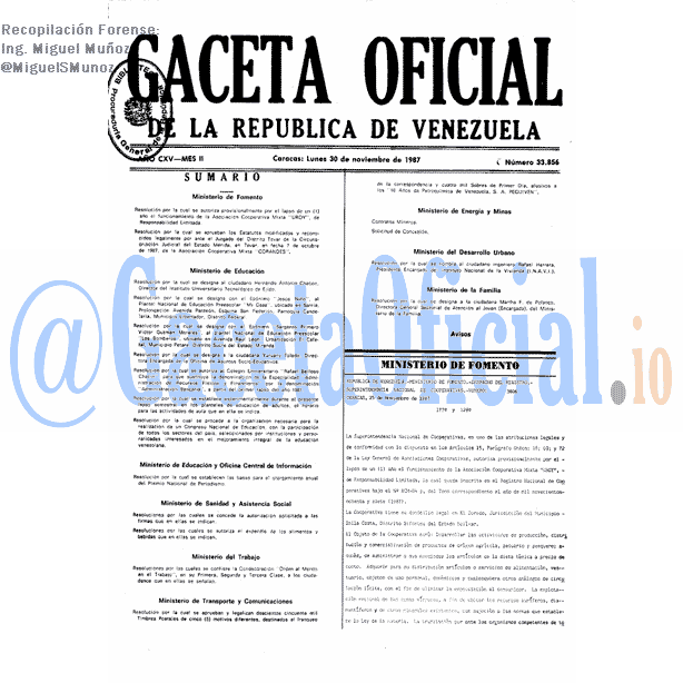 Gaceta Oficial 33856 del 30 Noviembre 1987