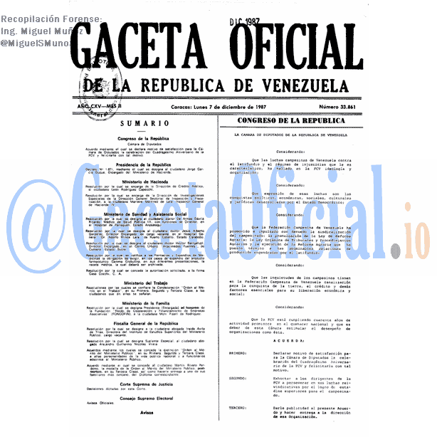 Gaceta Oficial 33861 del 7 Diciembre 1987