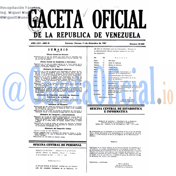 Gaceta Oficial 33865 del 11 Diciembre 1987