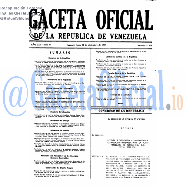 Gaceta Oficial 33871 del 21 Diciembre 1987