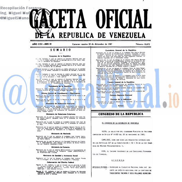 Gaceta Oficial 33872 del 22 Diciembre 1987