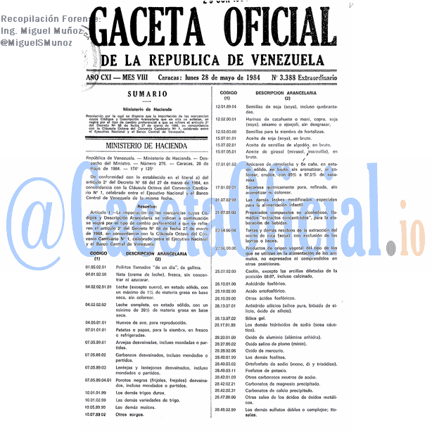 Gaceta Oficial 3388 del 28 Mayo 1984