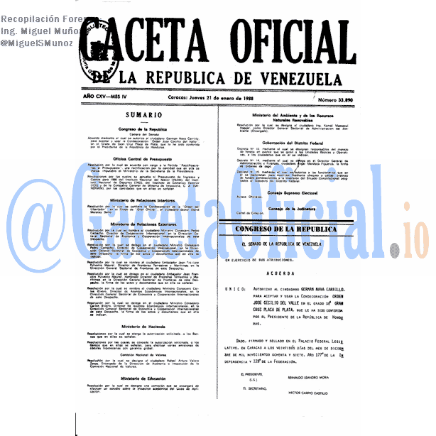 Gaceta Oficial 33890 del 21 Enero 1988