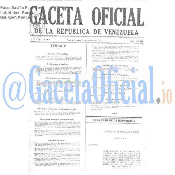 Gaceta Oficial 33905 del 11 Febrero 1988