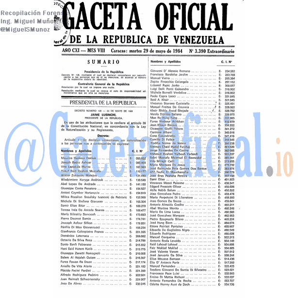Gaceta Oficial 3390 del 29 Mayo 1984